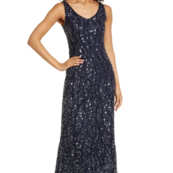 PISARRO NIGHTS  SEQUIN & BEADED SLEEVELESS NAVY  GOWN sz 4 - Picture 1 of 9
